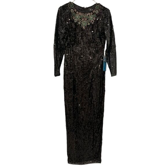 Mac Duggal  Beaded Neckline Sequins Black 
Long Sleeve Dress.Size 6 - Picture 5 of 16